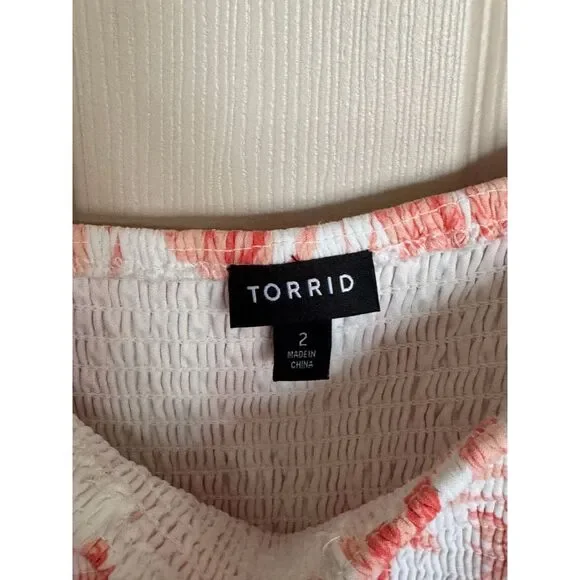 Torrid Coral Floral Tie Shoulder Midi Dress Summer Tropical Palm Print Size 2 g1 - Picture 4 of 6